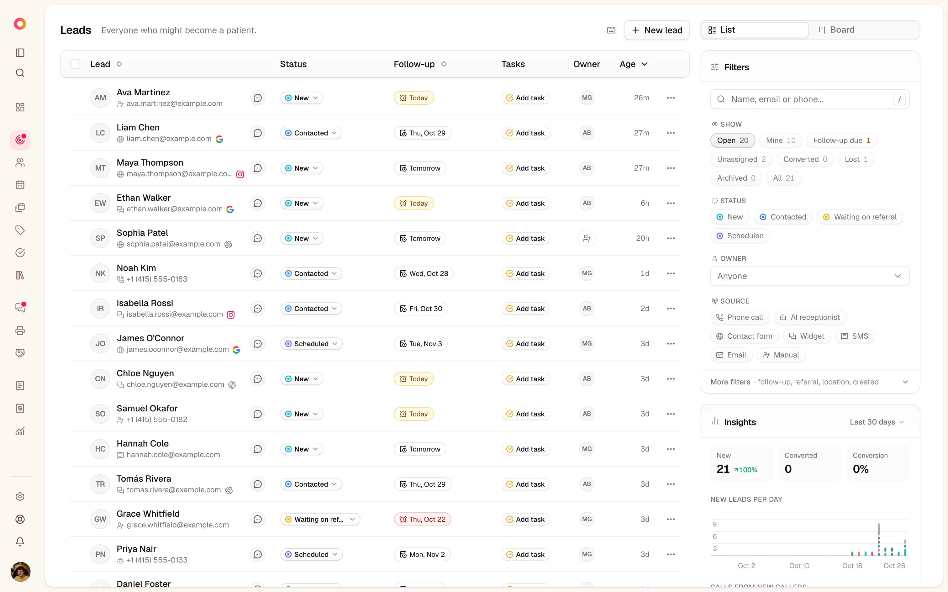 Ona's leads list: twenty inquiries with their status, follow-up, owner, and where they came from, including Google, Instagram and ChatGPT